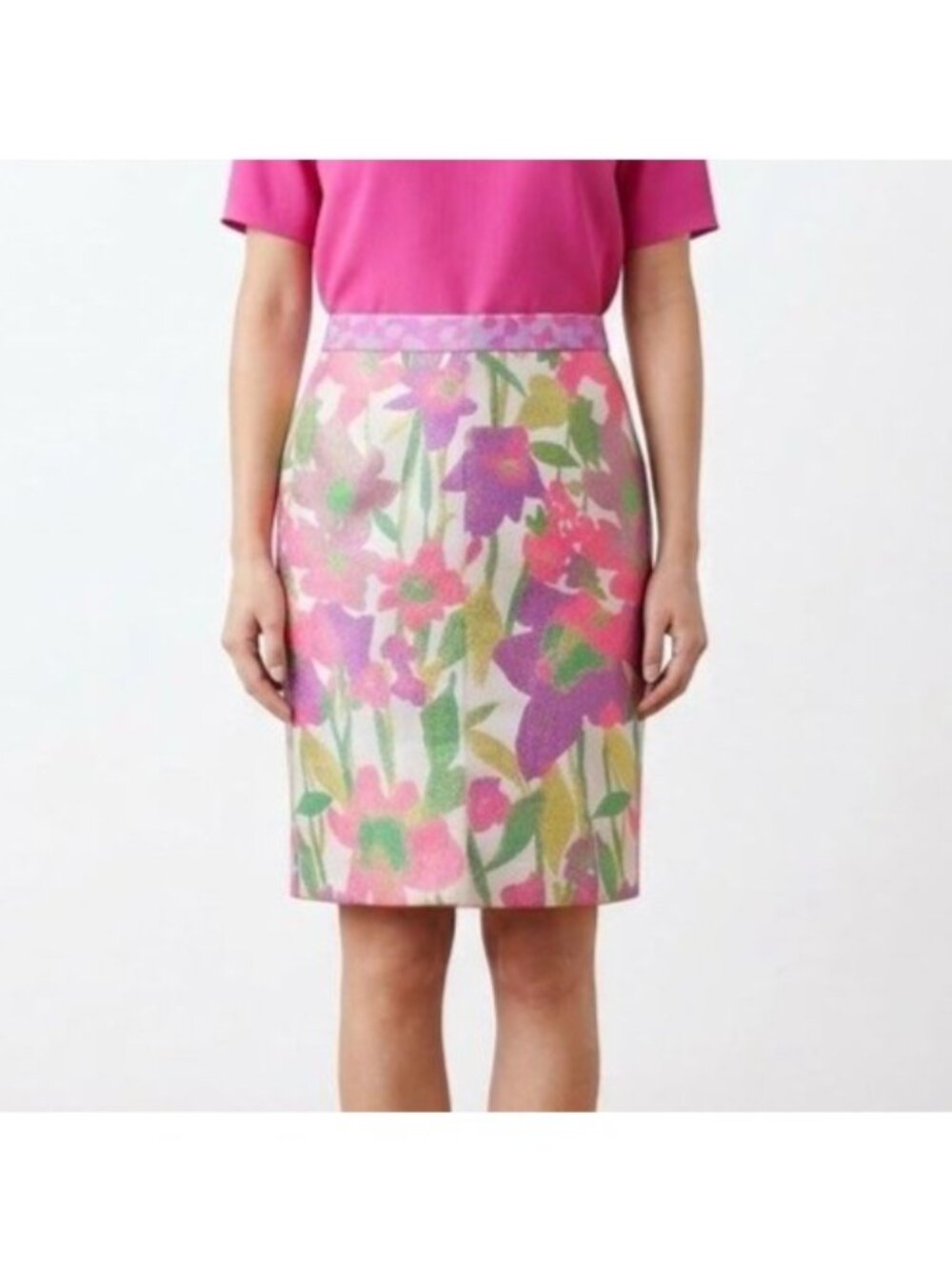 Trina Turk Size 2 Multicolor Pink Green Floral Print Knee Length Pencil Skirt